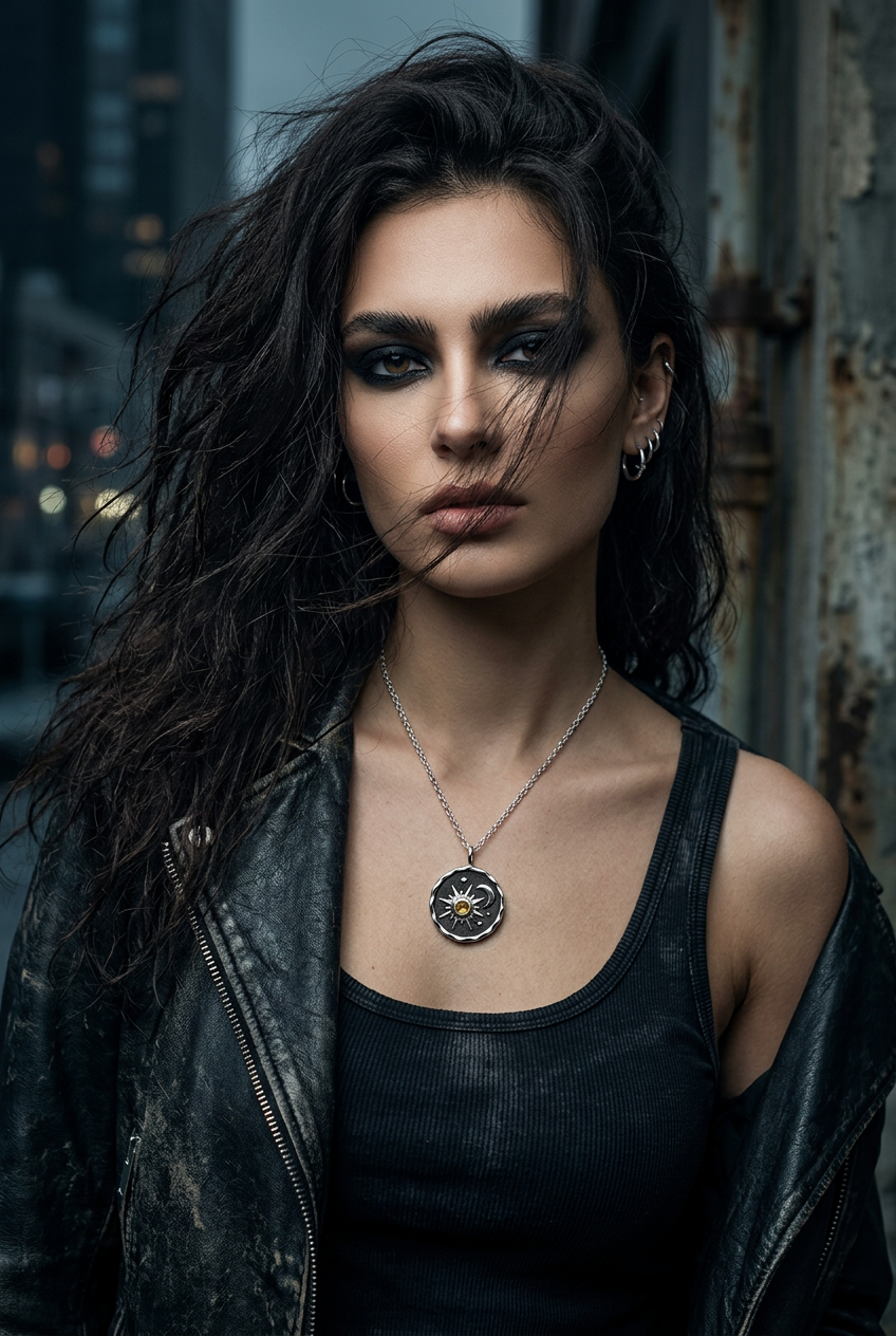 A woman with dark, messy hair and dramatic eye makeup wears a silver pendant necklace with a circular sunburst design. She is dressed in a black tank top and a distressed black leather jacket, posed against a moody, blurred urban background.