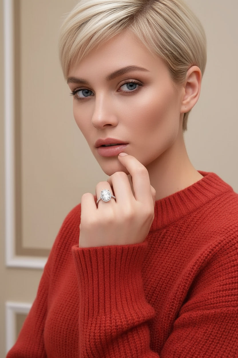 Close-up of a hand wearing a diamond ring with a red sweater background