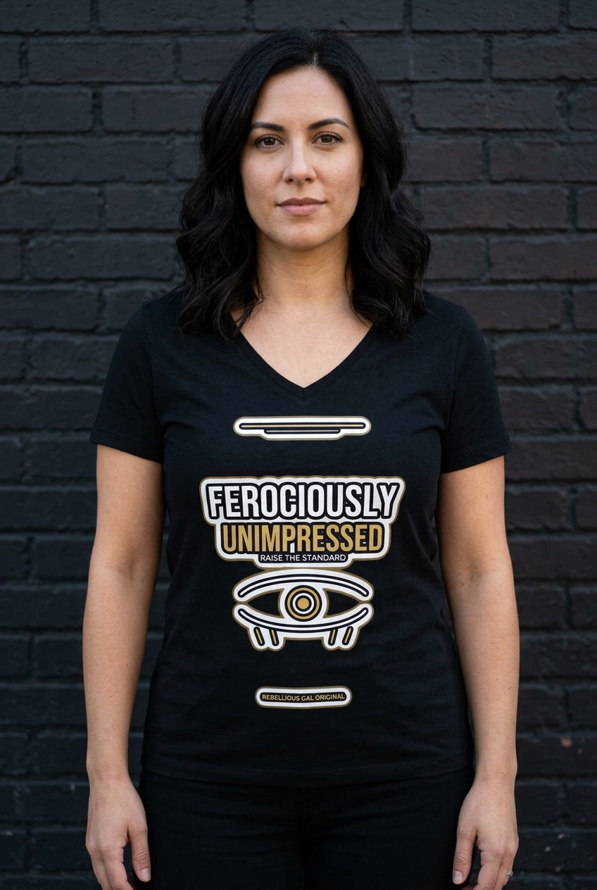 Woman in the black Ferociously Unimpressed V-neck tee against a dark brick wall