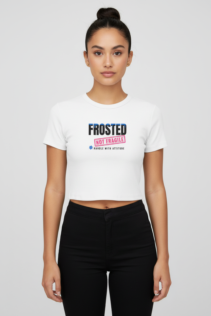 Woman with a sleek high bun in the white Frosted Not Fragile crop tee, studio backdrop