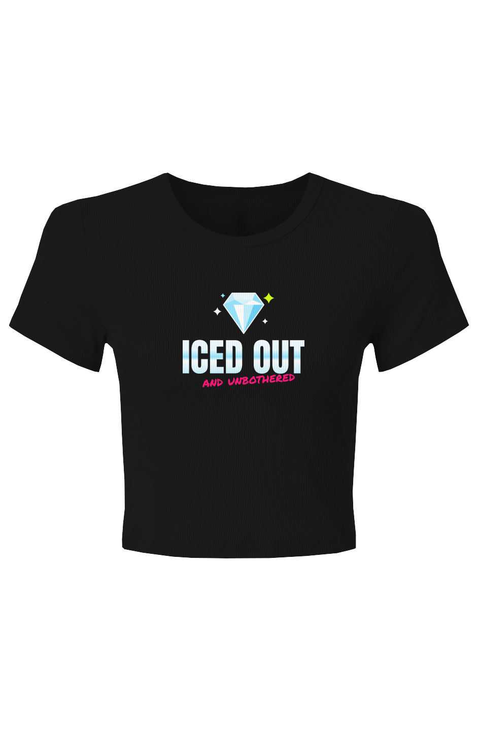 Black baby rib crop tee with an ice-blue diamond and Iced Out and Unbothered