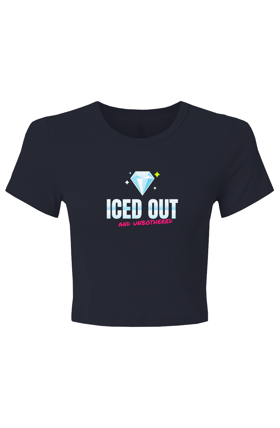 Navy baby rib crop tee with an ice-blue diamond and Iced Out and Unbothered