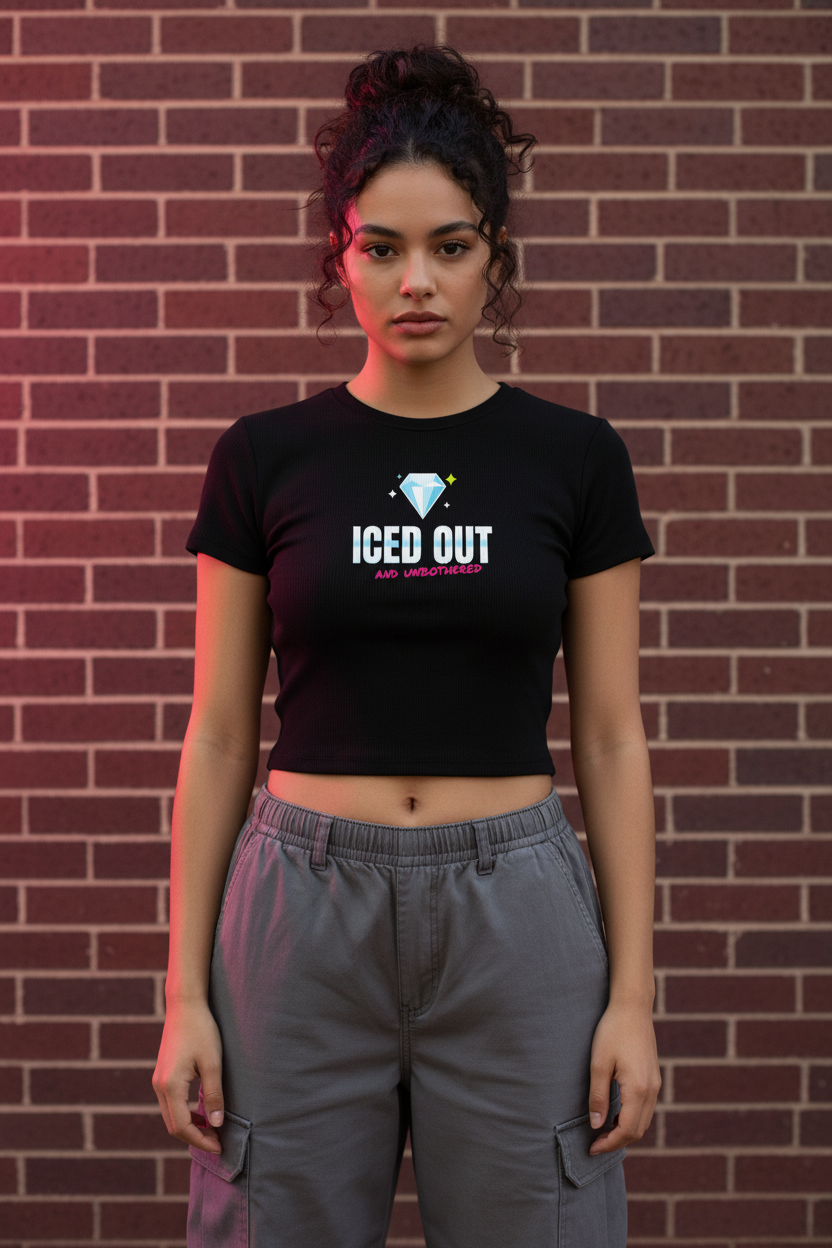 Woman with curly hair tied back in the black Iced Out rib crop tee, brick wall
