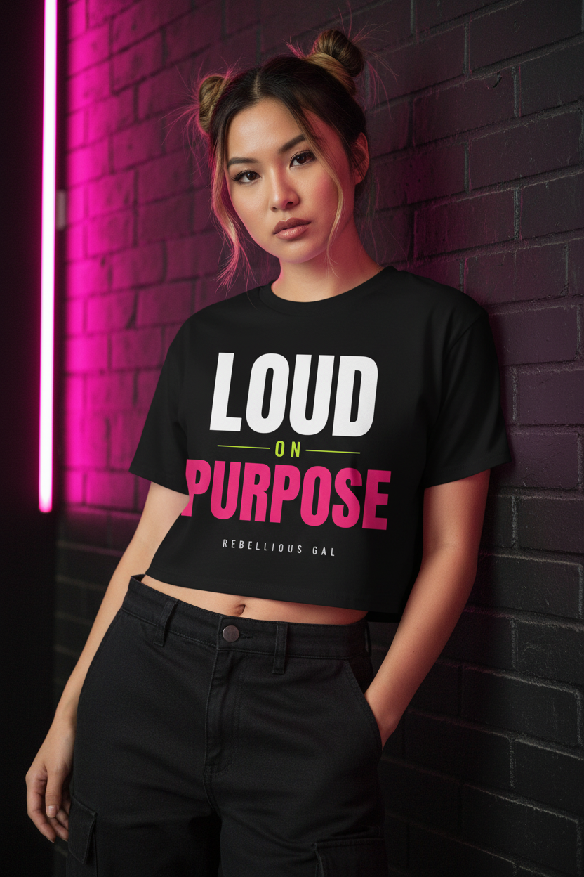 Woman with space buns in the black Loud on Purpose boxy crop top, pink-lit brick wall
