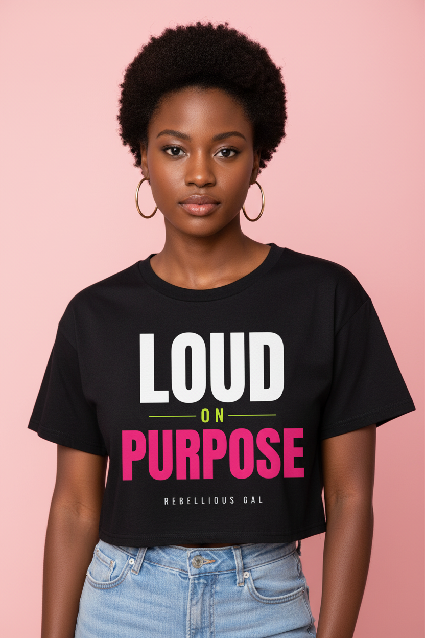Woman with a short afro in the black Loud on Purpose boxy crop top and jeans