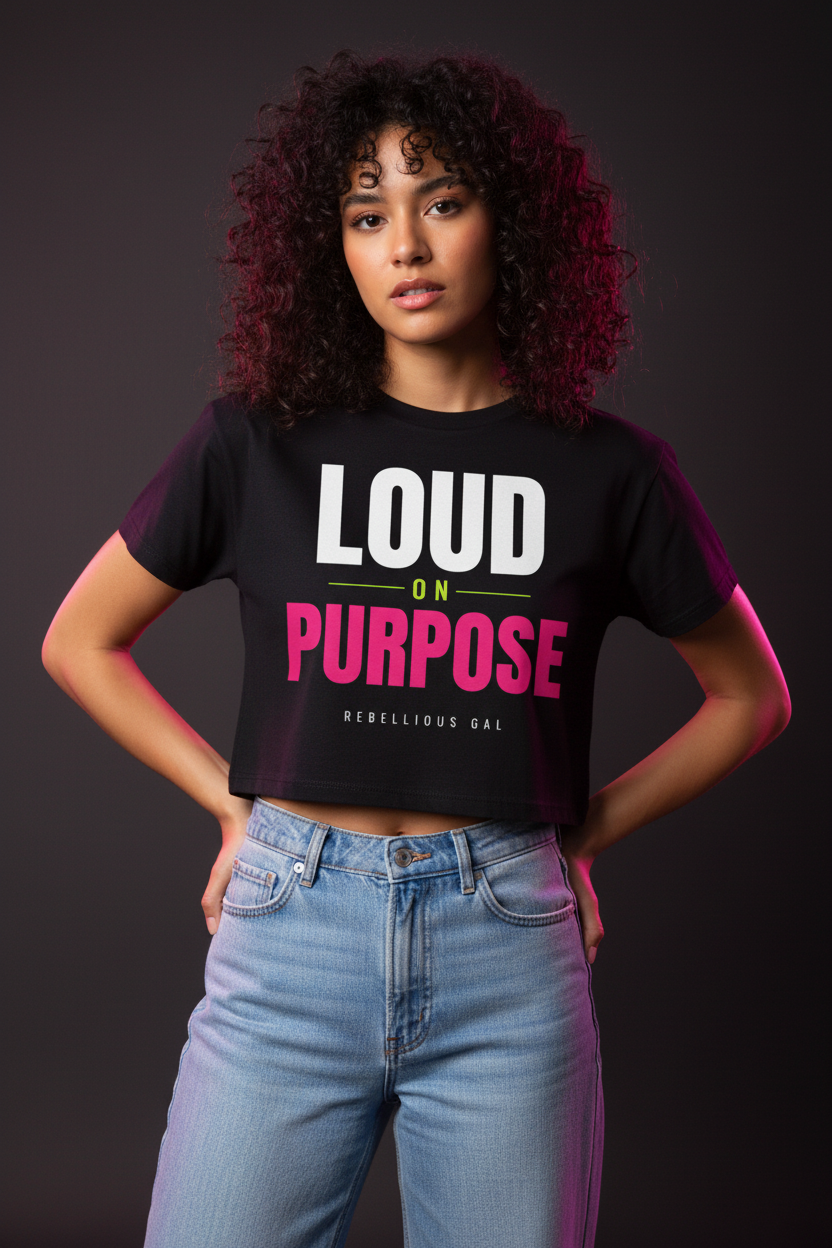 Woman with curly hair wearing the black Loud on Purpose boxy crop top with high-waisted jeans