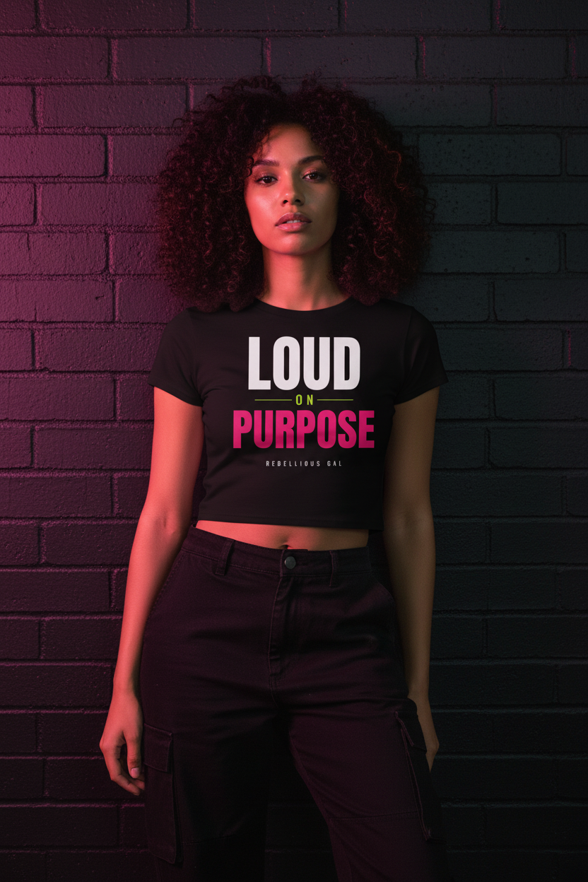 Woman with big curls in the black Loud on Purpose fitted crop tee, pink-lit brick wall