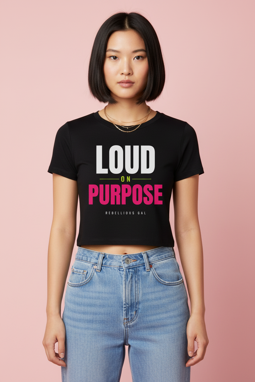 Woman with a bob in the black Loud on Purpose fitted crop tee and gold chains