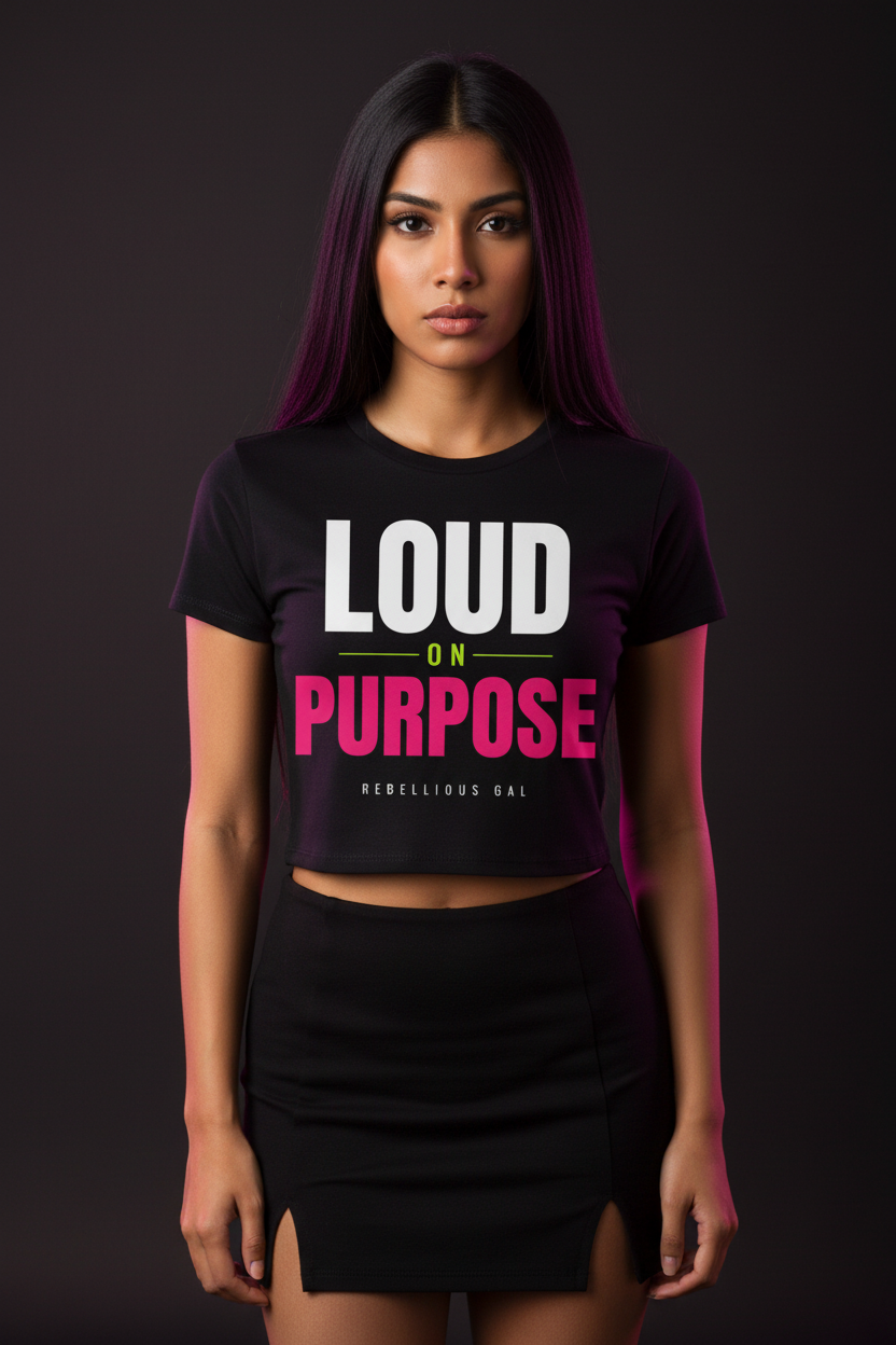 Long-haired woman in the black Loud on Purpose fitted crop tee and a black mini skirt