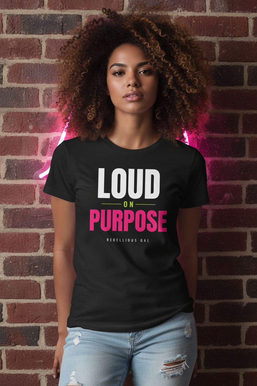 Curly-haired woman in the black Loud on Purpose crew neck tee and ripped jeans, brick wall