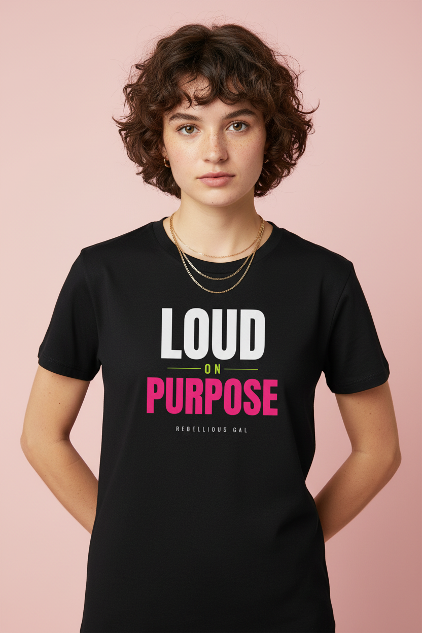 Woman with short curls in the black Loud on Purpose crew neck tee and gold chains