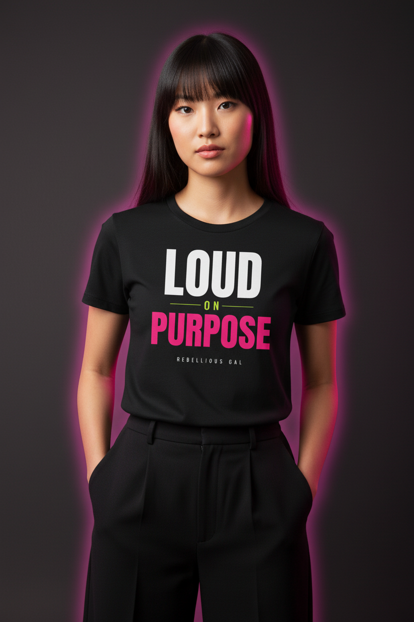 Woman with bangs in the black Loud on Purpose crew neck tee and wide-leg trousers