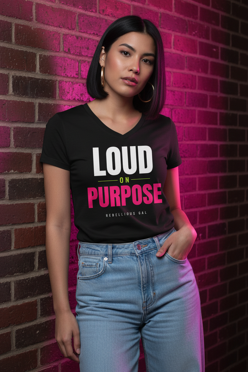 Woman in the black Loud on Purpose V-neck tee and light jeans, pink-lit brick wall