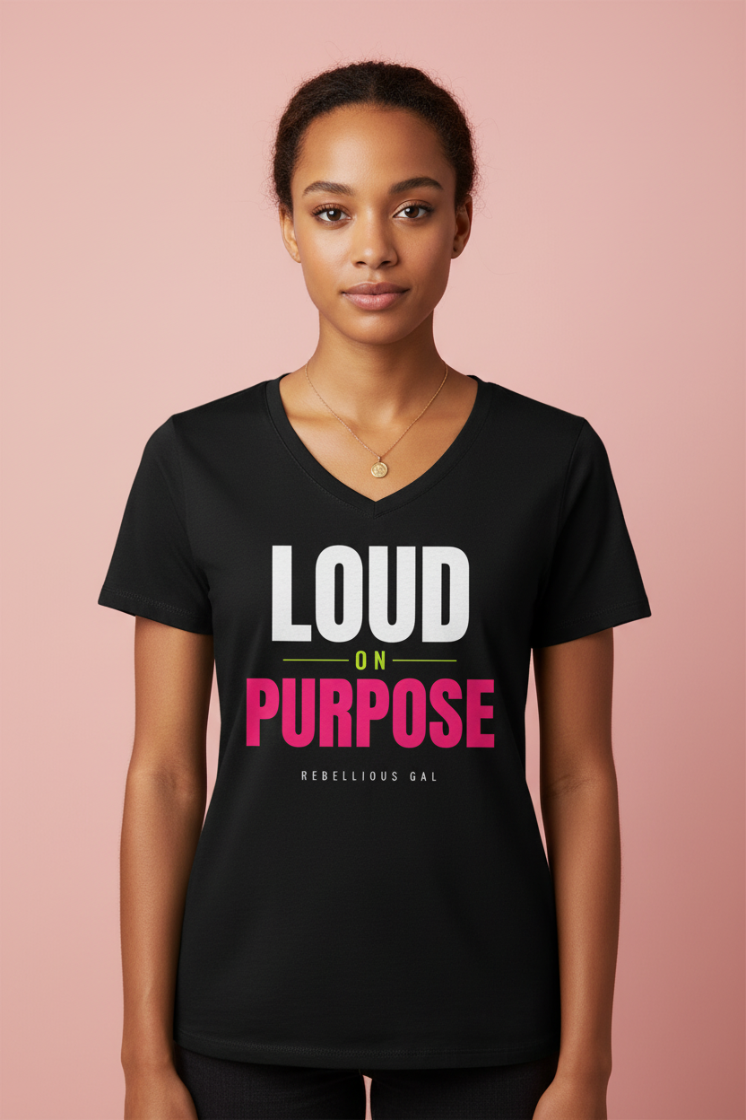 Woman in the black Loud on Purpose V-neck tee with a gold pendant, blush pink backdrop
