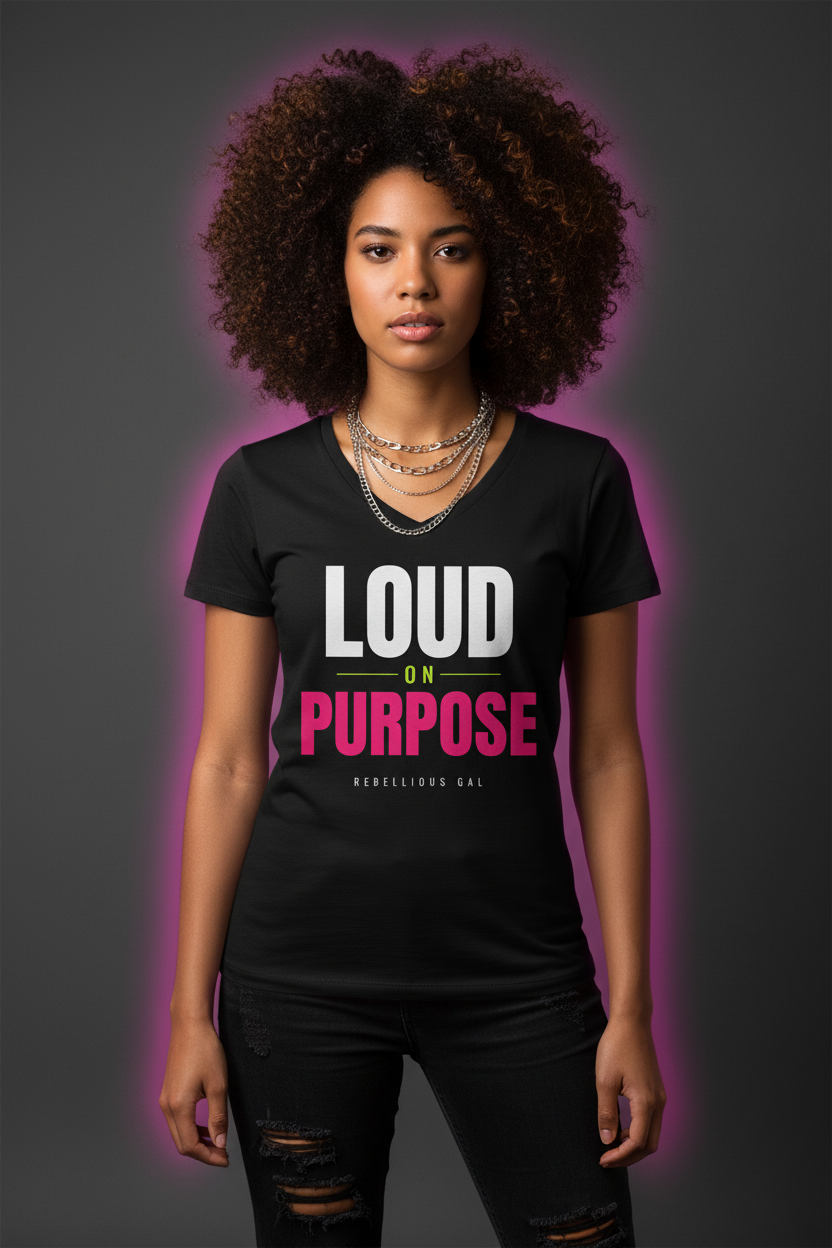 Woman with curly hair in the black Loud on Purpose V-neck tee and silver chains