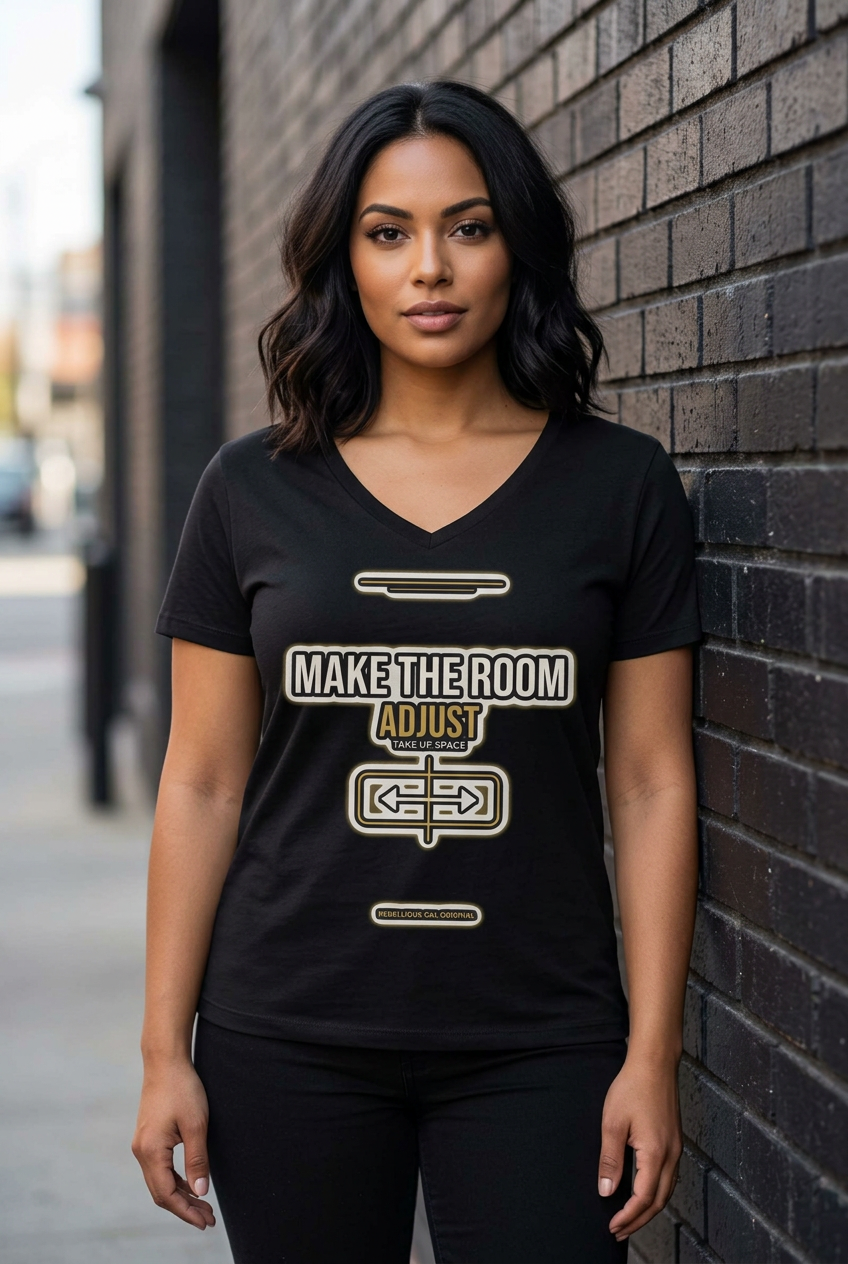 Woman in the black Make The Room Adjust V-neck tee against a dark brick wall