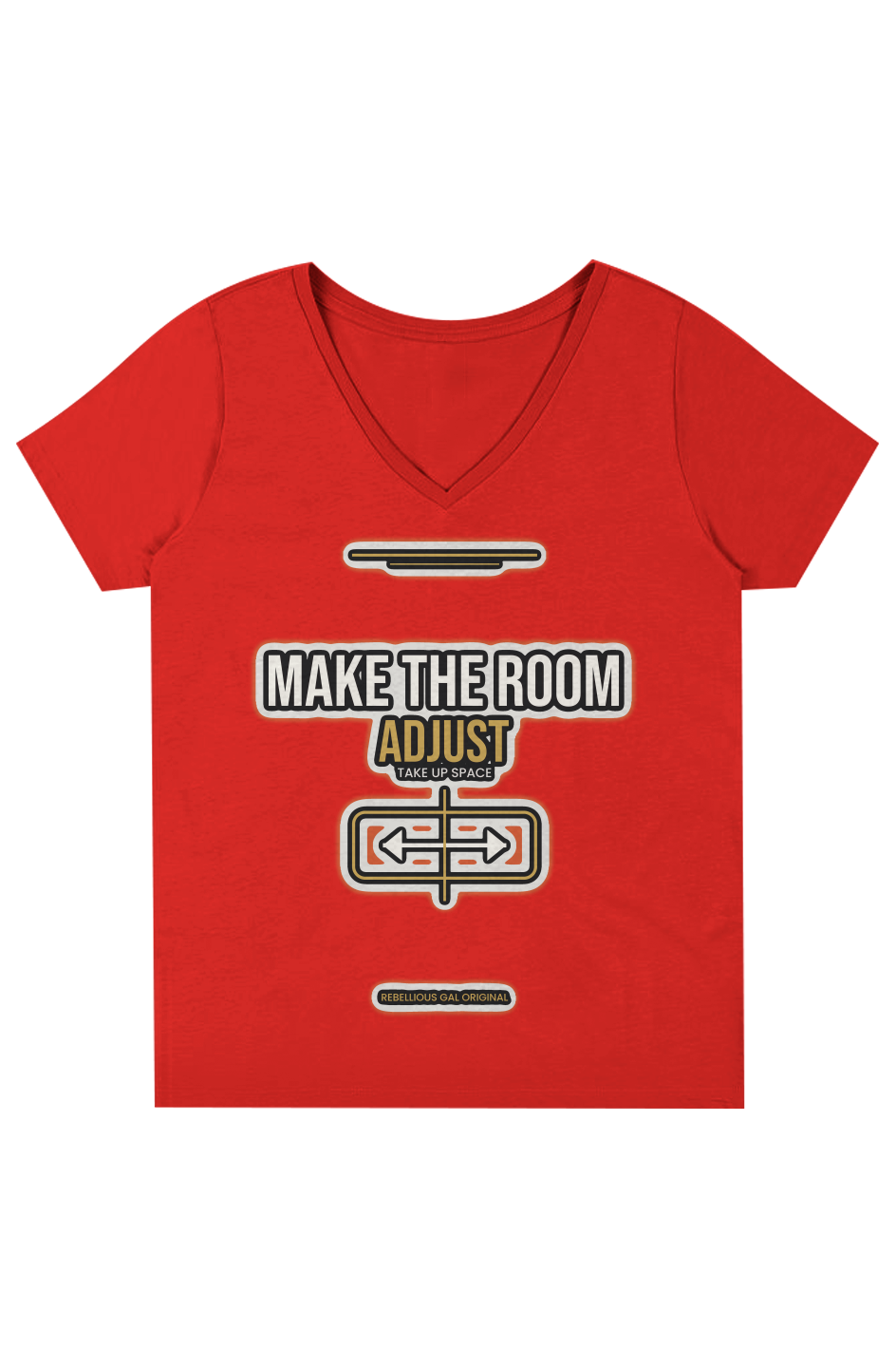 Team red V-neck tee reading MAKE THE ROOM ADJUST over a gold widening arrow
