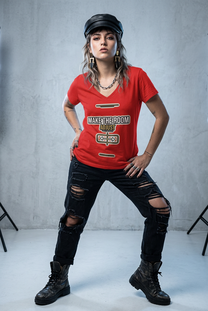 A woman modeling a red graphic t-shirt with a vintage cassette tape design that reads 'MAKE THE ROOM MINE'. She is wearing distressed black jeans, black combat boots, and a black cap, posing in a studio setting with a gray textured background.