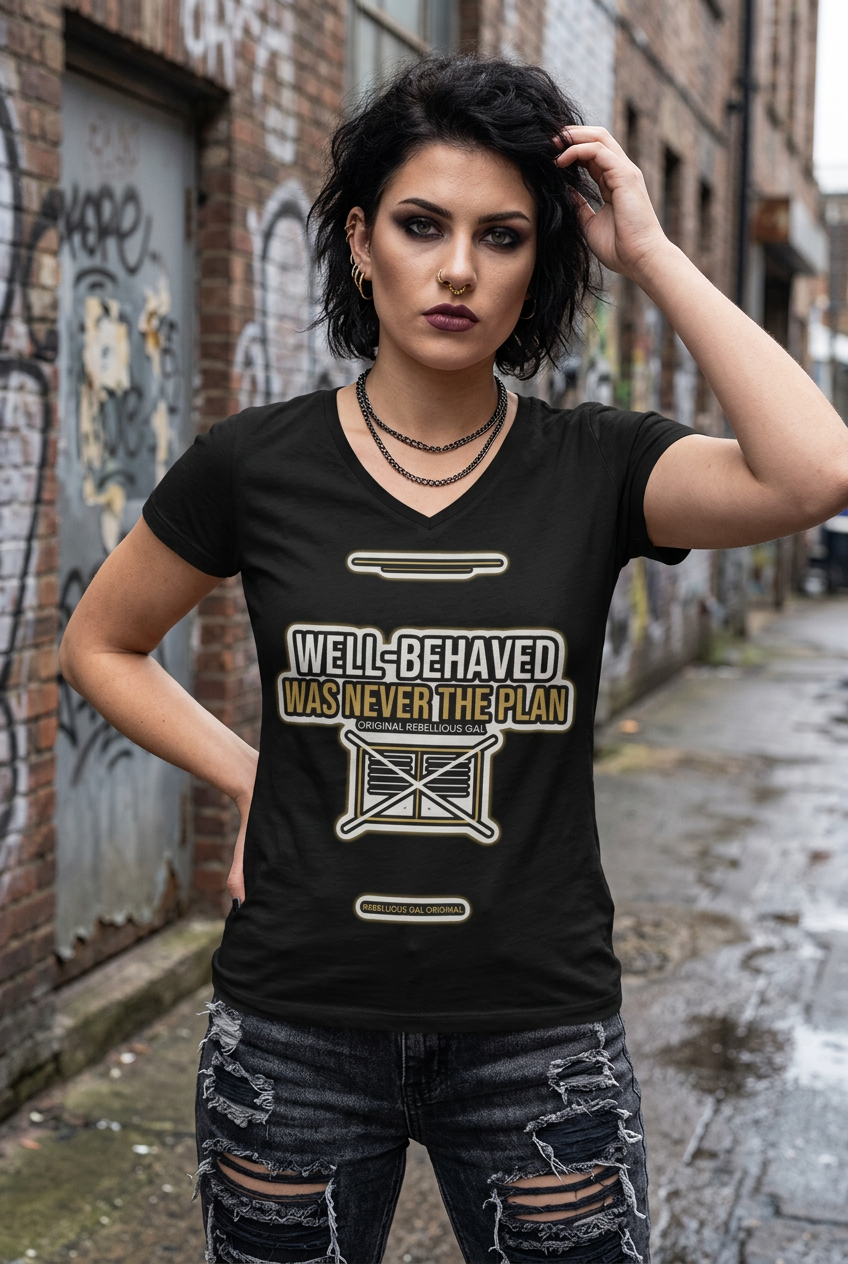 A woman wearing a black V-neck graphic t-shirt with the text 'WELL-BEHAVED WAS NEVER THE PLAN' and a crossbones design, standing in a brick alleyway.