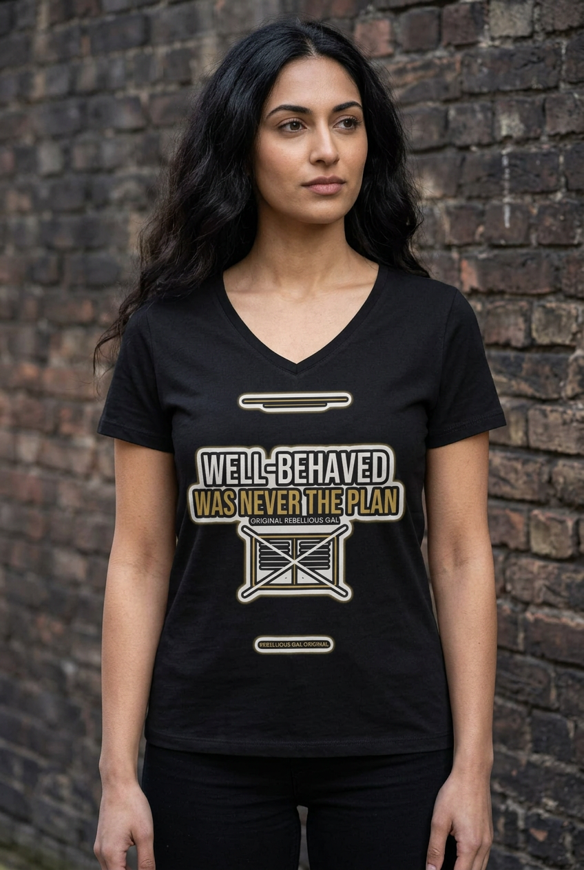 Woman at a dark brick wall wearing the black WELL-BEHAVED WAS NEVER THE PLAN v-neck tee
