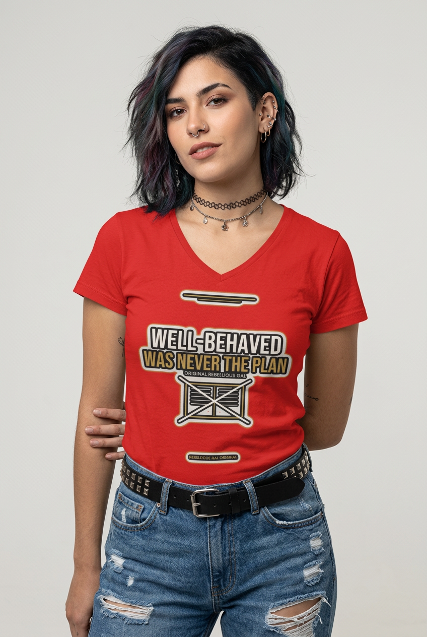 A woman modeling a red V-neck graphic t-shirt with the text 'WELL-BEHAVED WAS NEVER THE PLAN' and a barbell graphic, paired with distressed blue jeans against a light gray background.