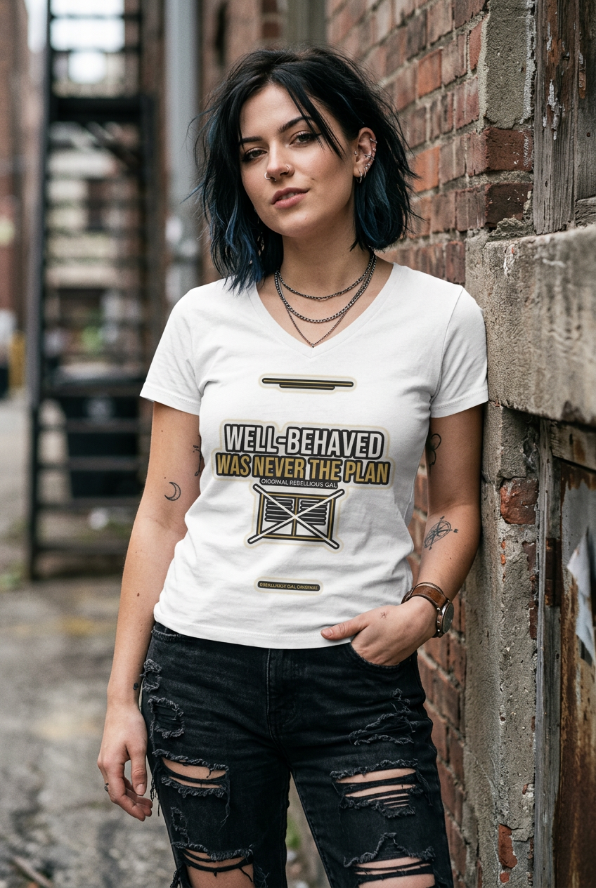 A woman with dark blue-tinted hair leans against a brick wall wearing a white graphic t-shirt with a distressed military-style design and black ripped jeans.