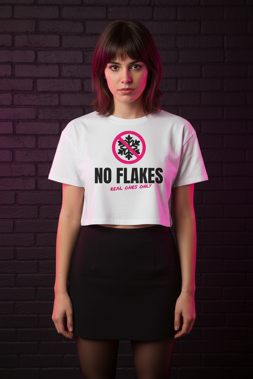 Woman with a brunette shag in the white No Flakes boxy crop top, brick wall