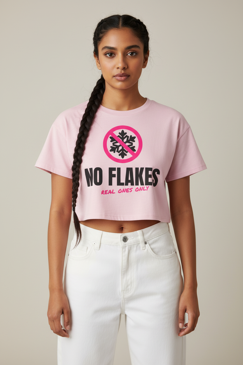 Woman with a long braid in the pale rosette No Flakes boxy crop top, pale backdrop