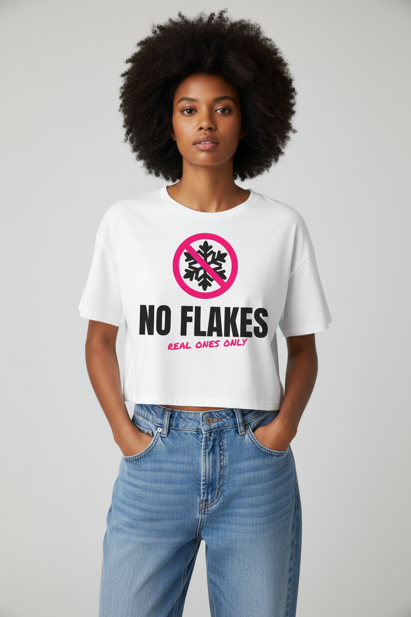 Woman with a full curly afro in the white No Flakes boxy crop top, studio backdrop