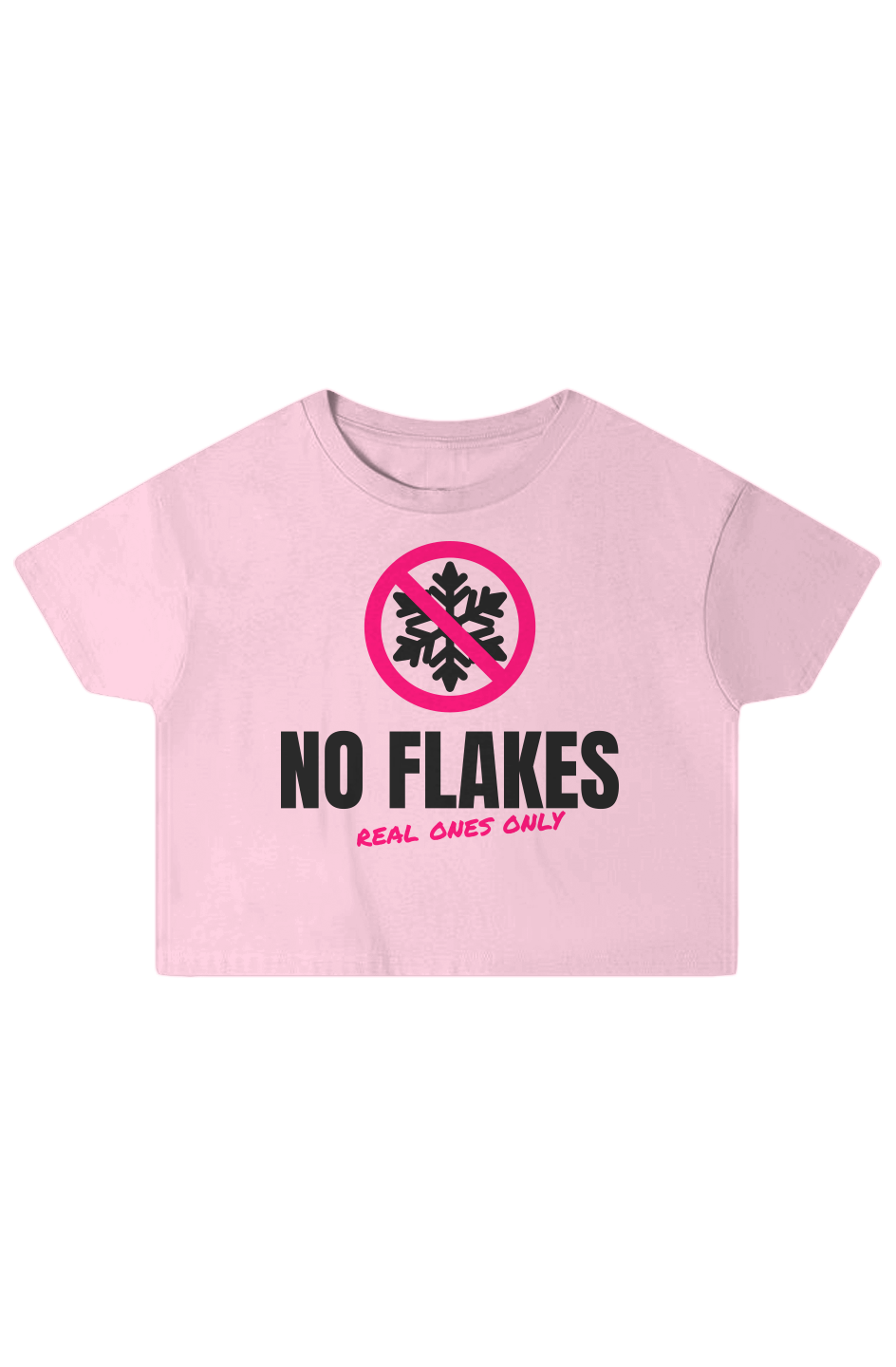 Pale Rosette boxy crop top with a crossed-out snowflake and No Flakes lettering