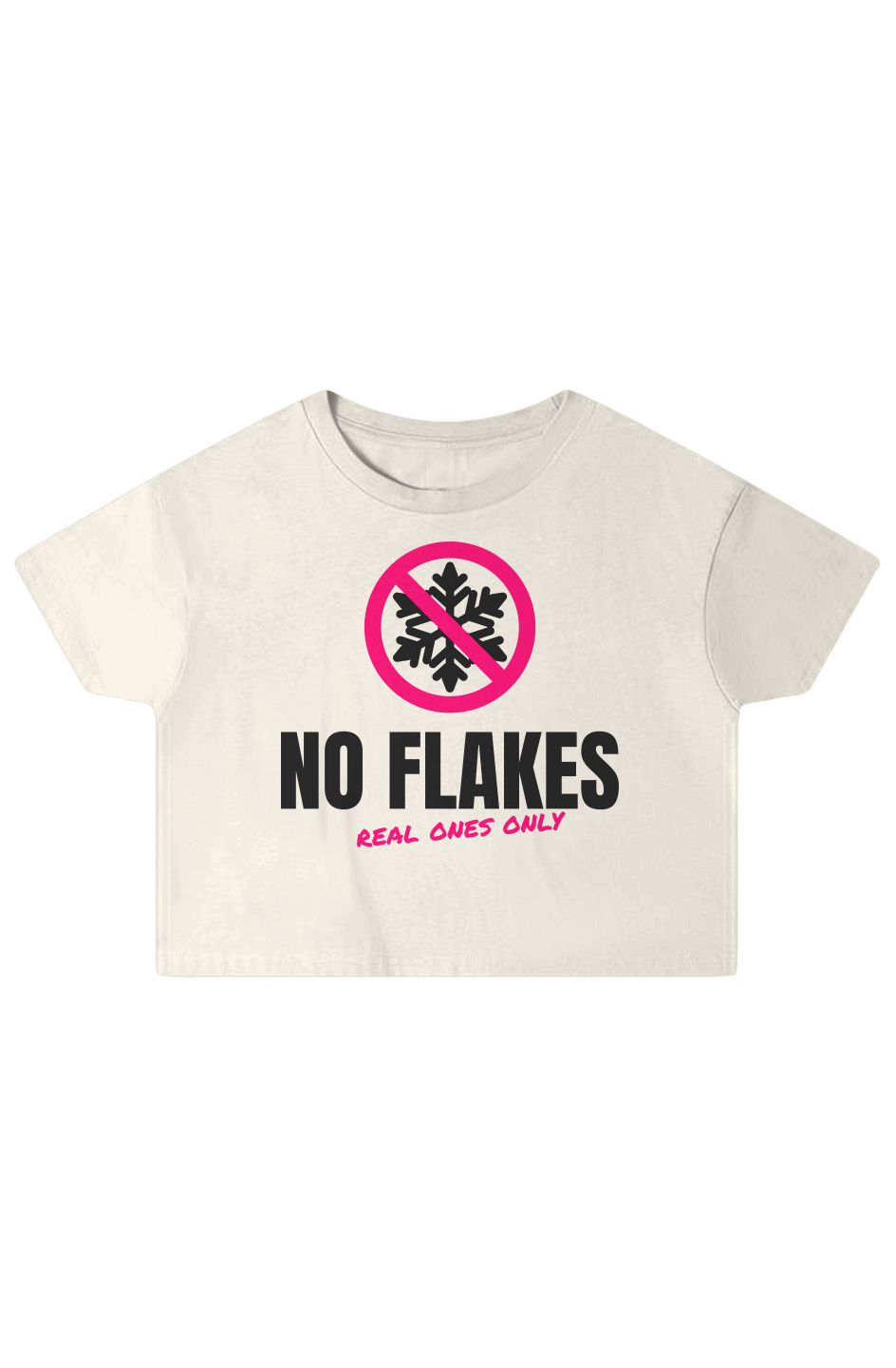 Vintage White boxy crop top with a crossed-out snowflake and No Flakes lettering