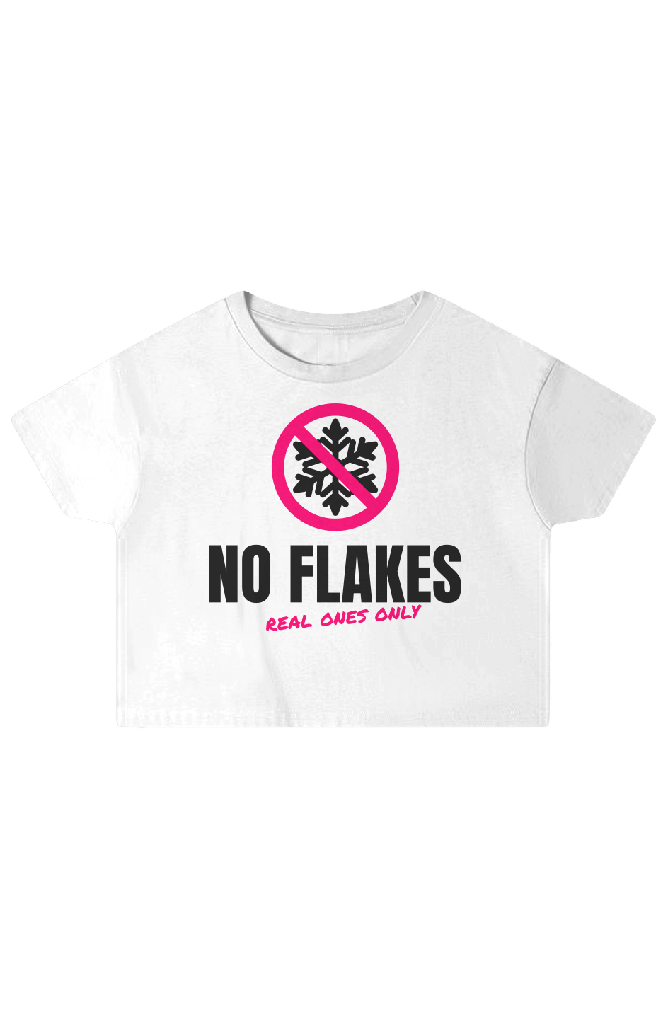 White boxy crop top with a crossed-out snowflake and No Flakes lettering