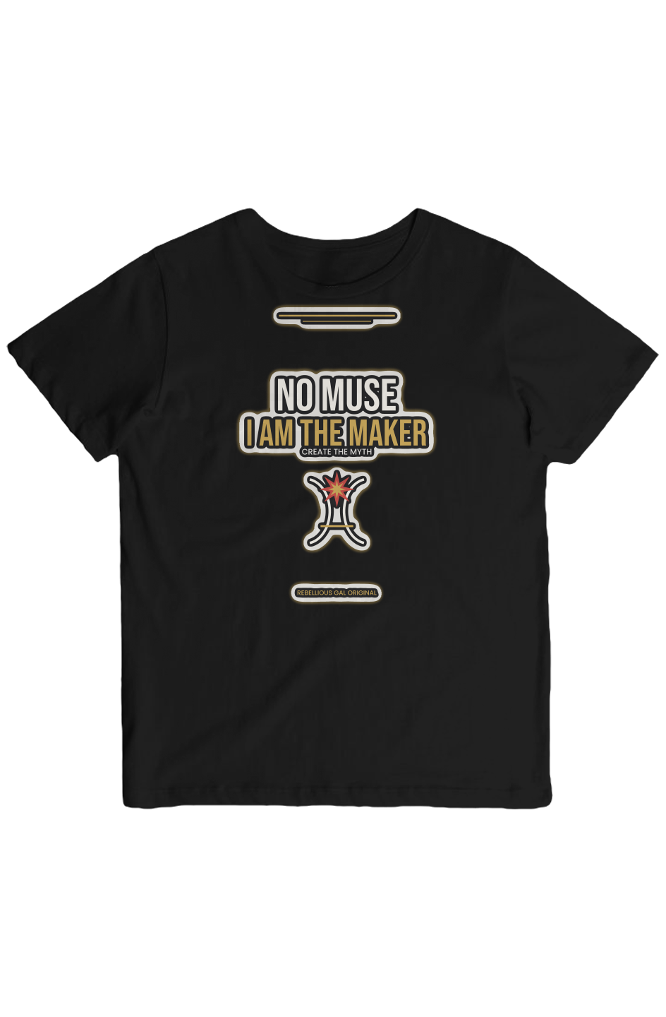 Black crew tee printed NO MUSE above I AM THE MAKER in gold with an anvil