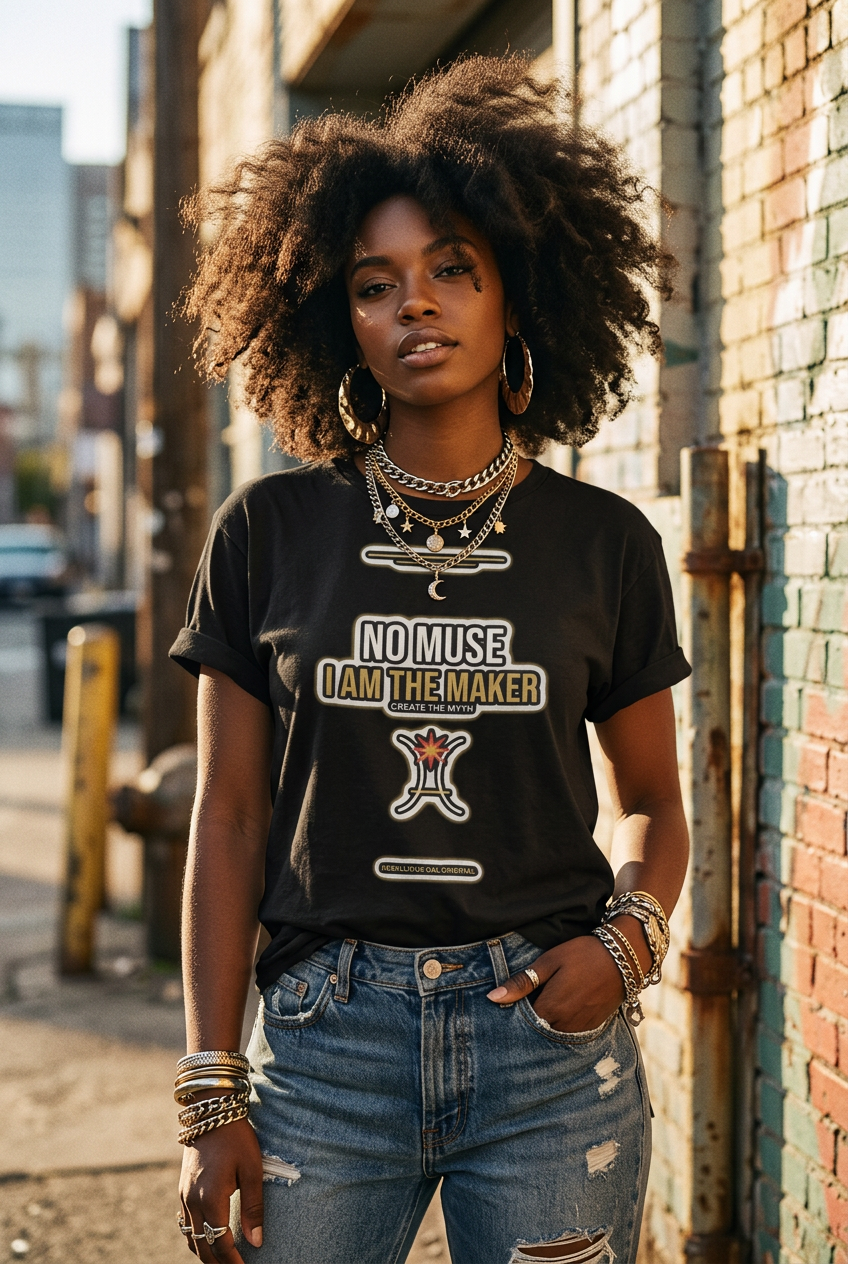 A woman with voluminous dark curly hair stands in an outdoor alleyway wearing a black graphic t-shirt with the text 'NO MUSE I AM THE MAKER' and distressed blue jeans.