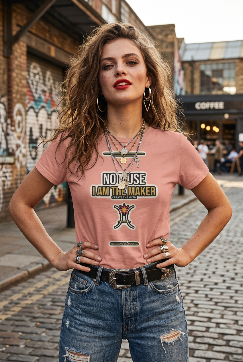 A woman posing on a cobblestone street wearing a dusty pink graphic t-shirt with the text 'NOT A JOY I AM THE MAKER' and a stylized 'X' logo, paired with distressed blue jeans.