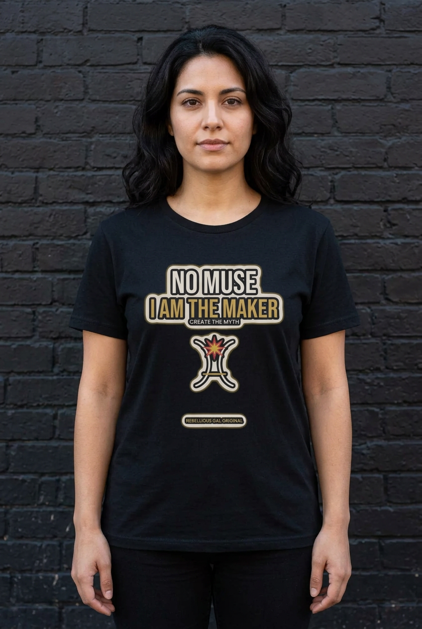 Woman in the black No Muse crew tee standing against a dark brick wall