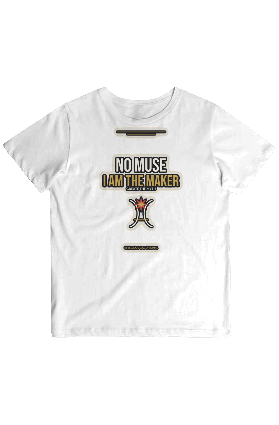 White crew tee reading NO MUSE I AM THE MAKER above a gold anvil graphic