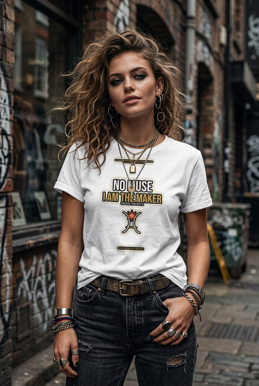 A woman wearing a white graphic t-shirt with the text 'NO HOUSE IS ANOTHER MAKER' and a campfire logo, styled with dark distressed jeans, layered necklaces, and bracelets, standing in an urban alleyway.