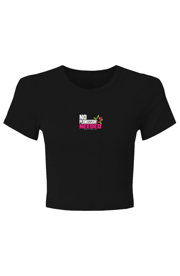 Black baby rib crop tee with No Permission Needed in white and pink, lime star