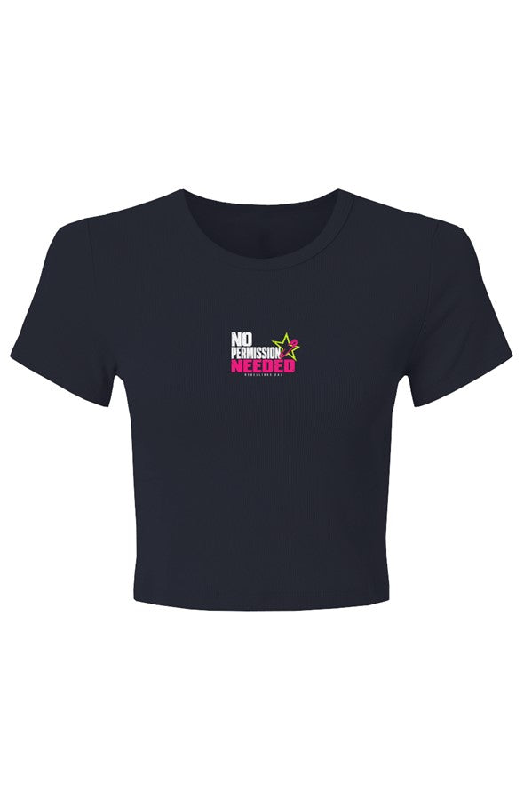 Navy baby rib crop tee with No Permission Needed in white and pink, lime star