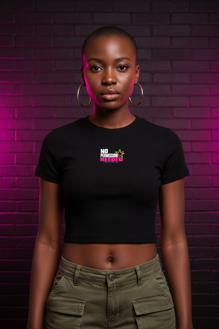 Shaved-head woman in the black No Permission Needed baby rib crop tee at a brick wall