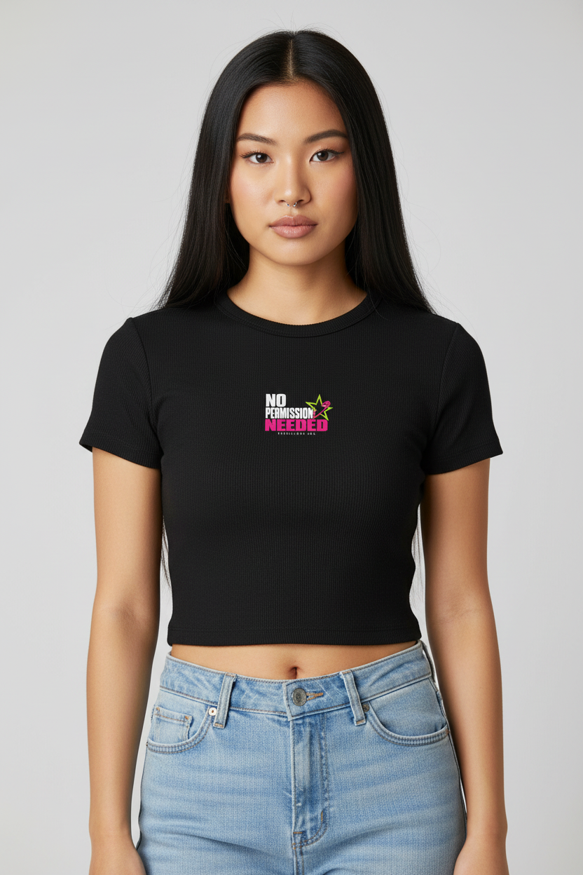 Woman with long black hair in the black No Permission Needed baby rib crop tee