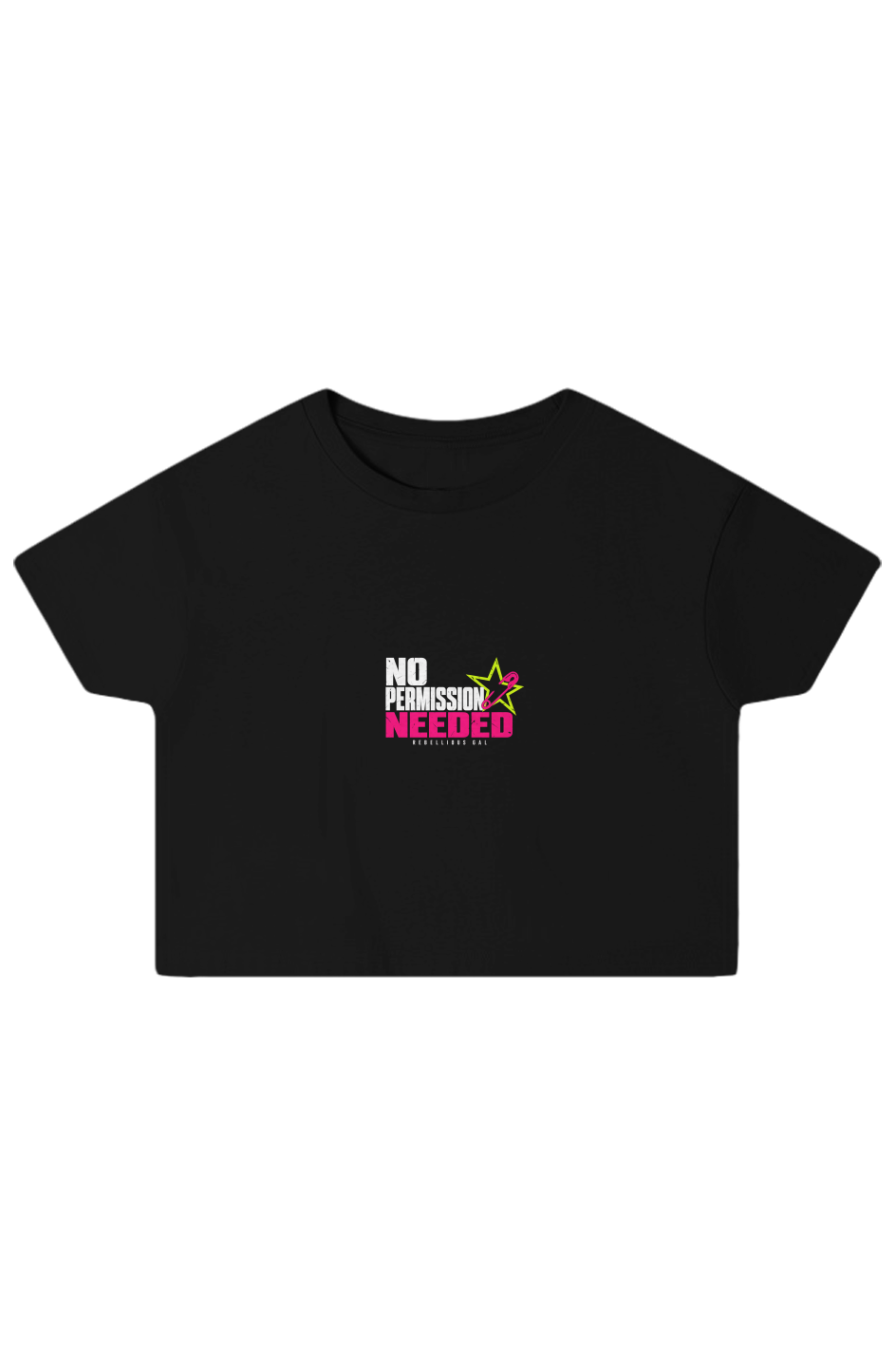 Black boxy crop top with No Permission Needed in white and hot pink, lime star