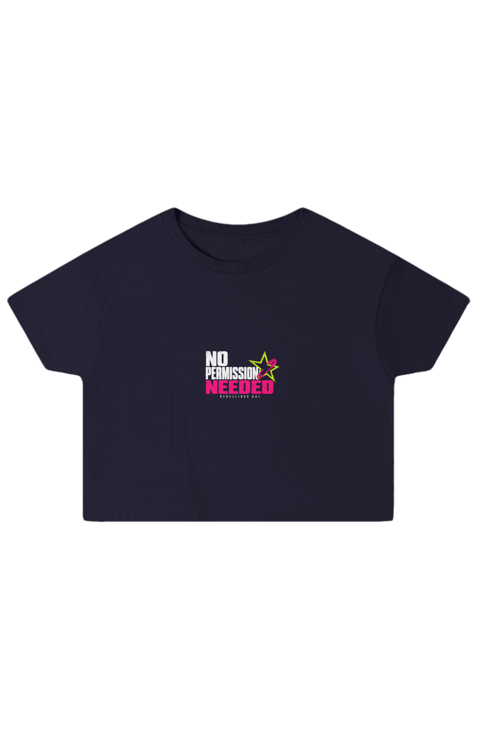 Navy boxy crop top with No Permission Needed in white and hot pink, lime star