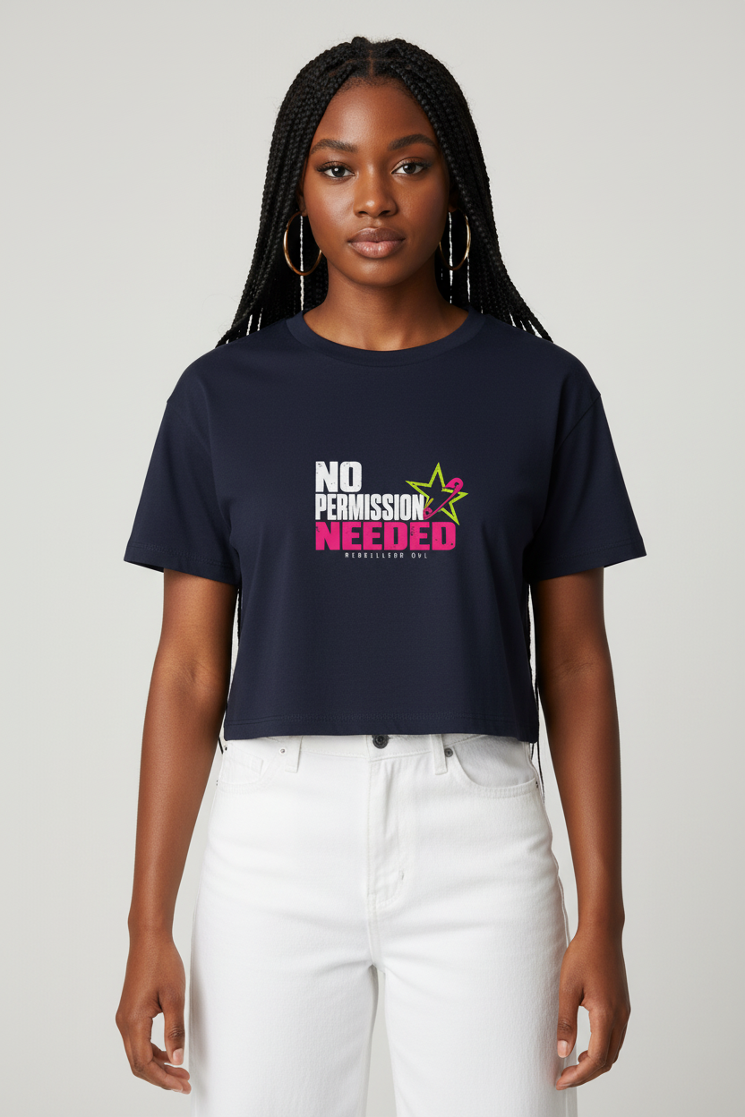 Woman with box braids in the navy No Permission Needed boxy crop top and white jeans