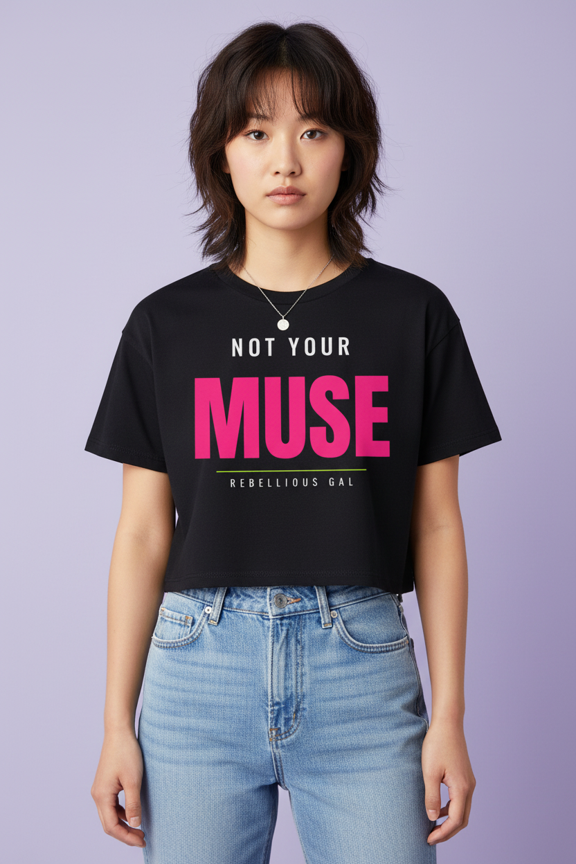 Shag-cut woman in the black Not Your Muse boxy crop top with a silver pendant