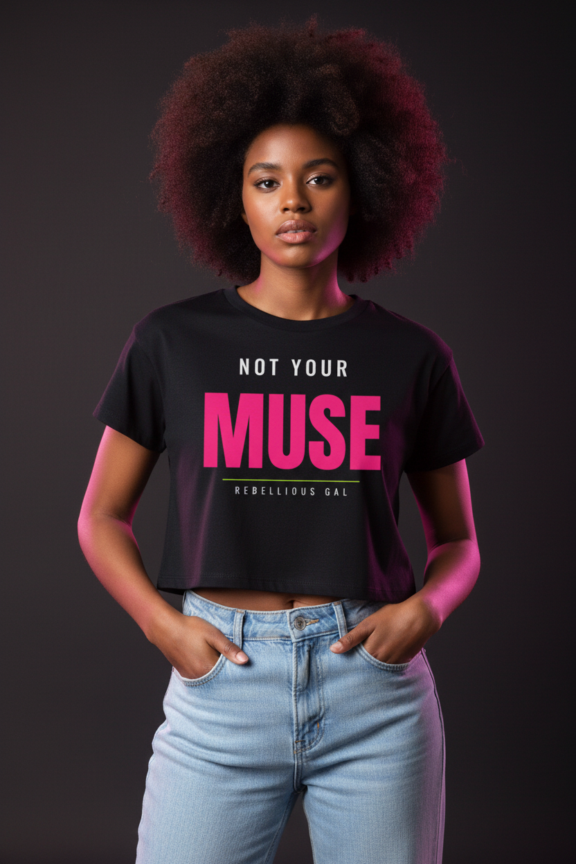 Woman with a big afro in the black Not Your Muse boxy crop top and jeans