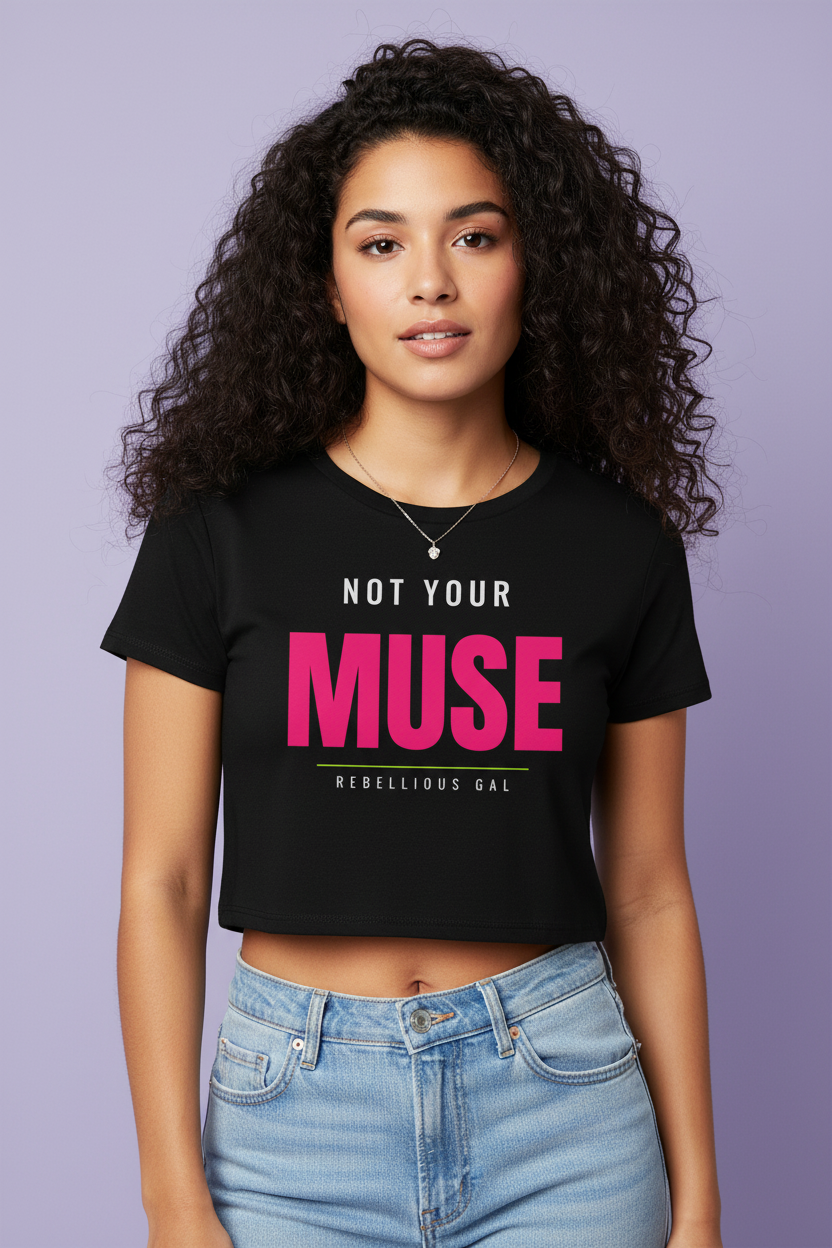 Curly-haired woman in the black Not Your Muse fitted crop tee with a silver pendant