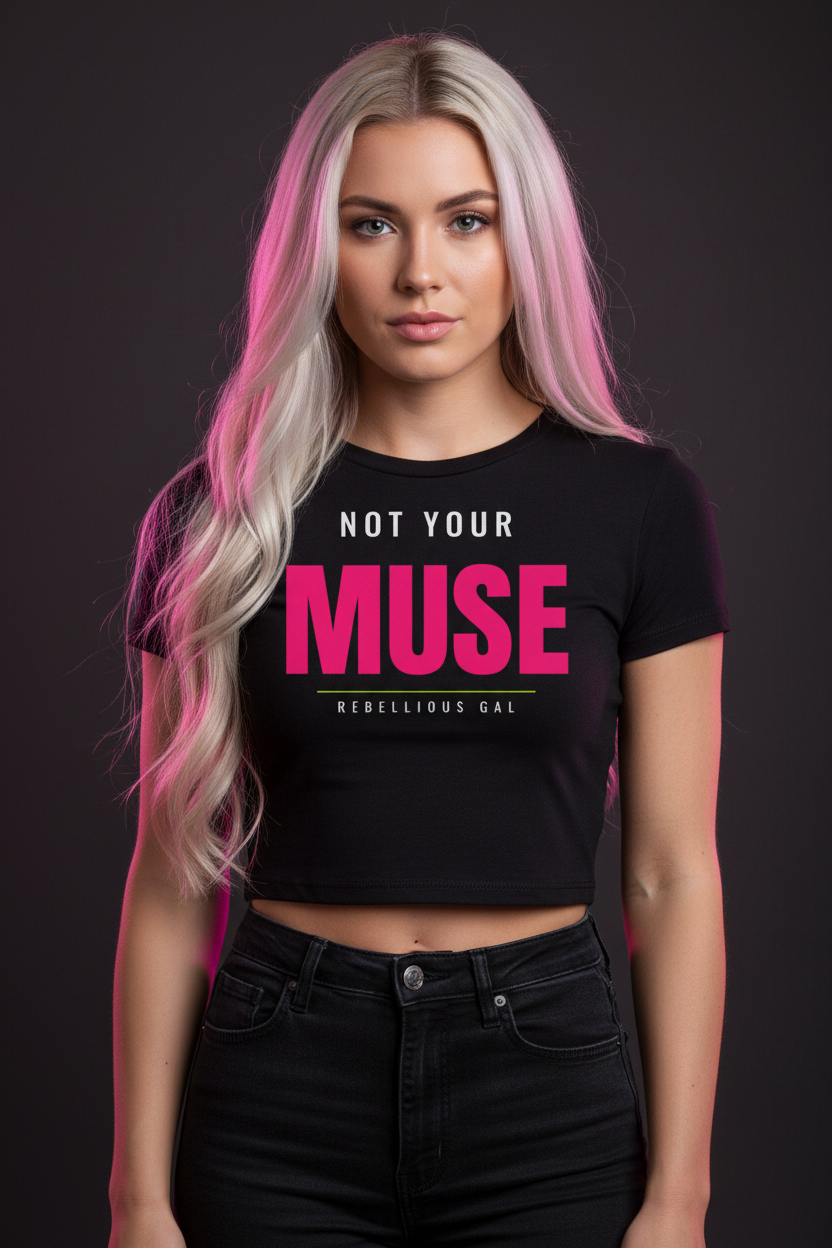 Woman with long platinum hair in the black Not Your Muse fitted crop tee and jeans