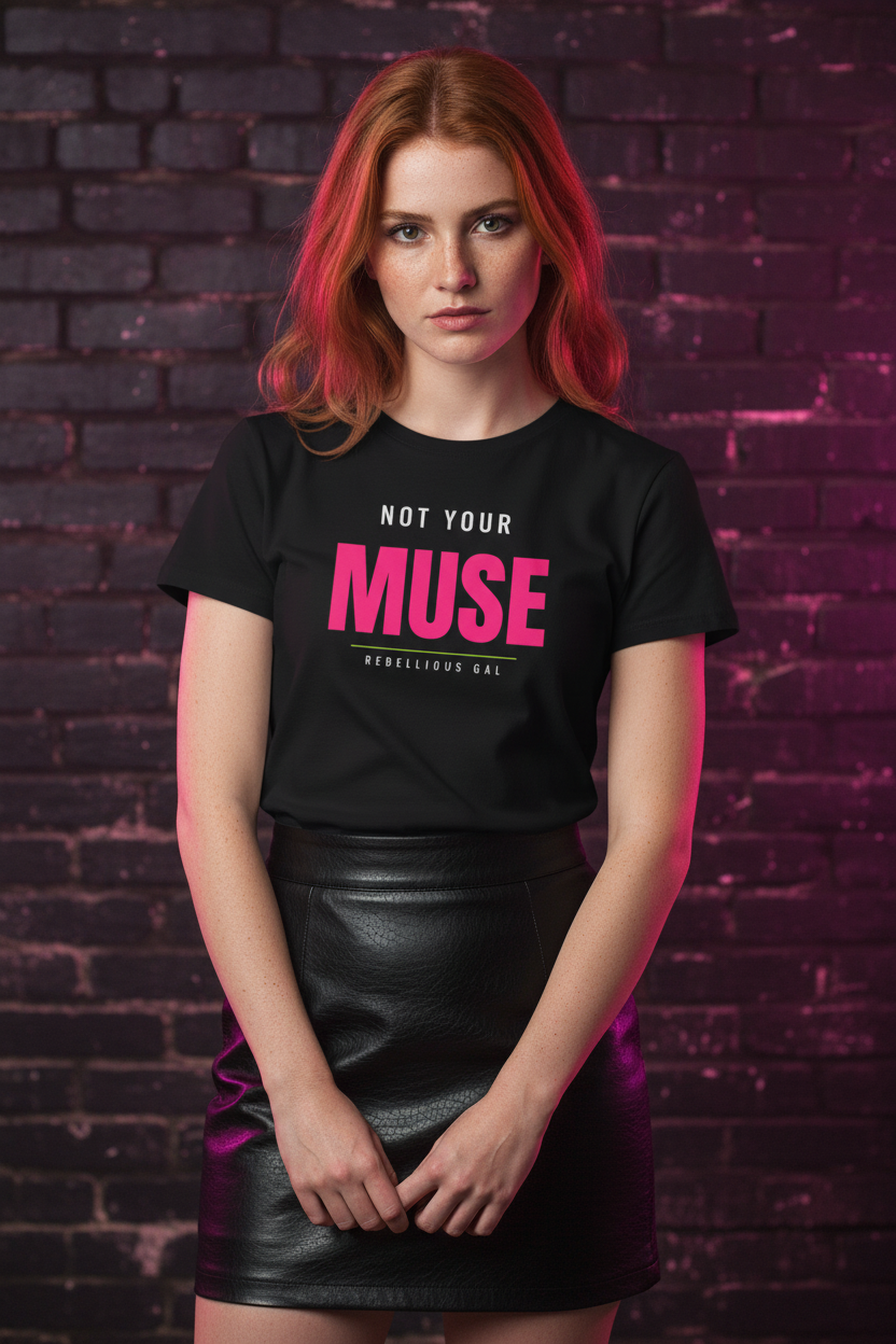 Copper-haired woman in the black Not Your Muse crew neck tee and leather skirt, brick wall